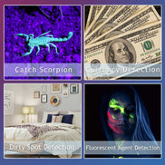 LED UV Flashlight Detection Lamp used for scorpion spotting, currency verification, stain detection, and fluorescent agent inspection.