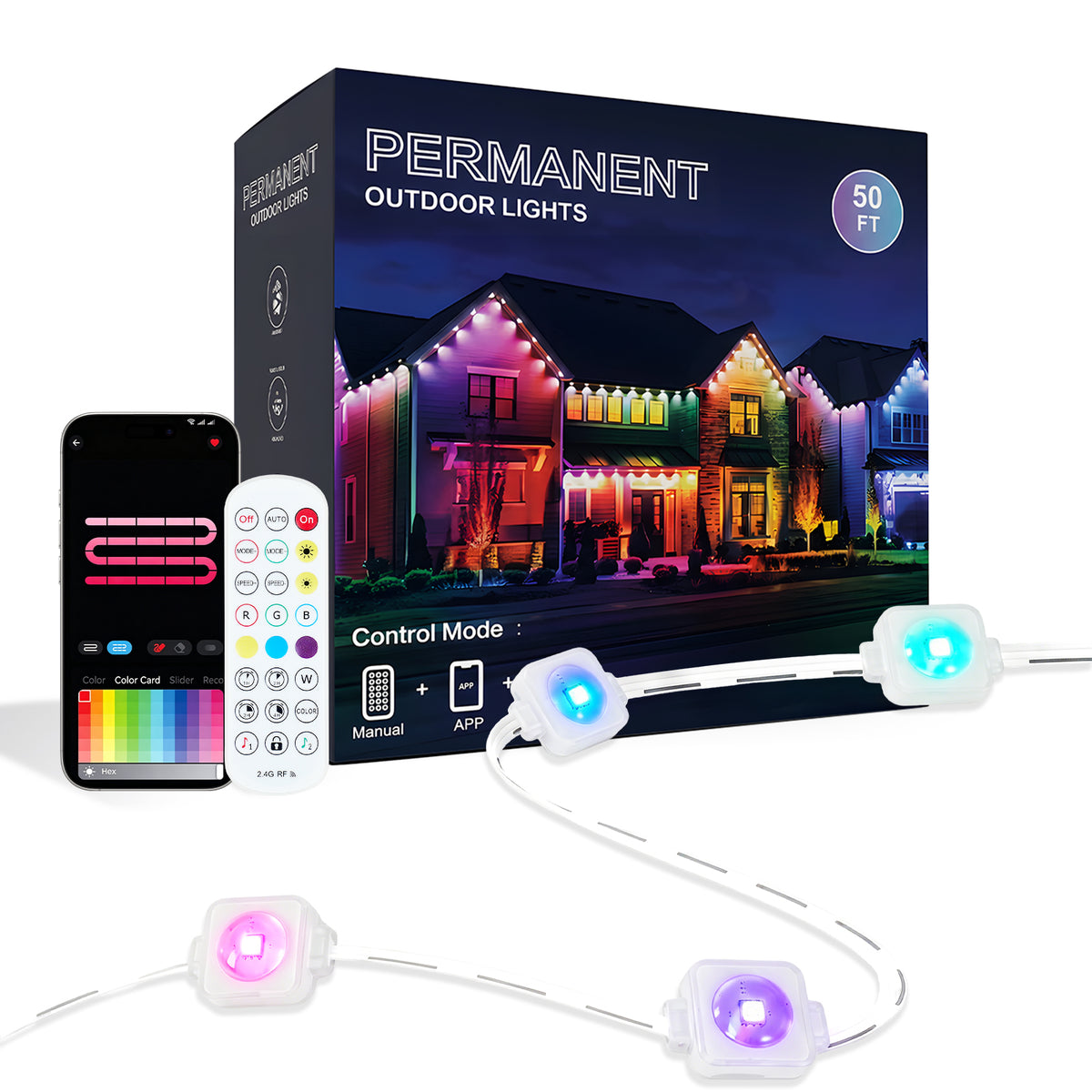 Permanent outdoor LED light string set with a black retail box, a smartphone showing the app control screen, a white remote control, and several light modules on white cords. The box reads &