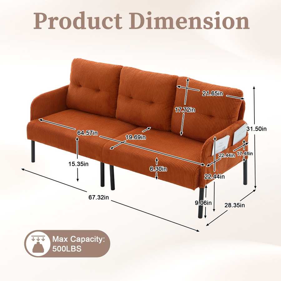 Orange sofa with dimensions labeled on a beige background