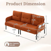Orange sofa with dimensions labeled on a beige background