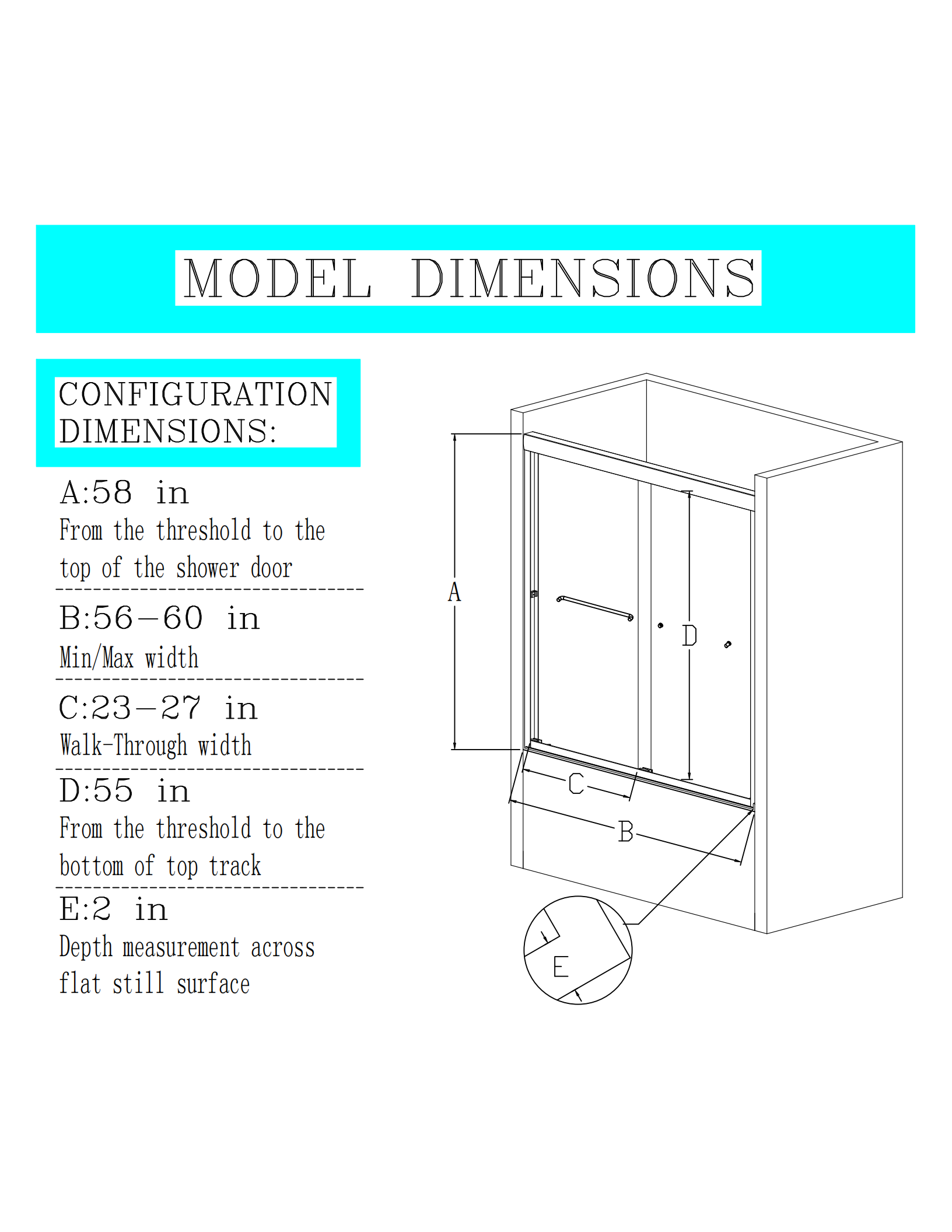 56"-60"W*58" H  Semi-Frameless Double Sliding Tub Door, Bypass Bathtub Shower, 1/4" (6mm) Thick SGCC Tempered Glass Door,  Chrome MLNshops]