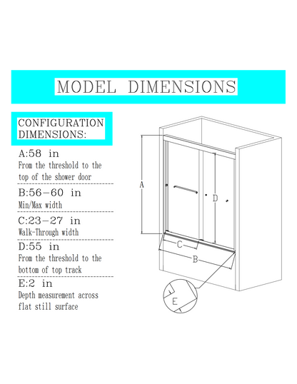 56"-60"W*58" H  Semi-Frameless Double Sliding Tub Door, Bypass Bathtub Shower, 1/4" (6mm) Thick SGCC Tempered Glass Door,  Chrome MLNshops]