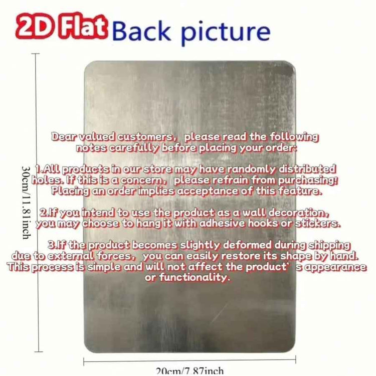 A square gray textured panel shown on a white background with measurement labels and red warning text about possible random holes in the product. The top reads &
