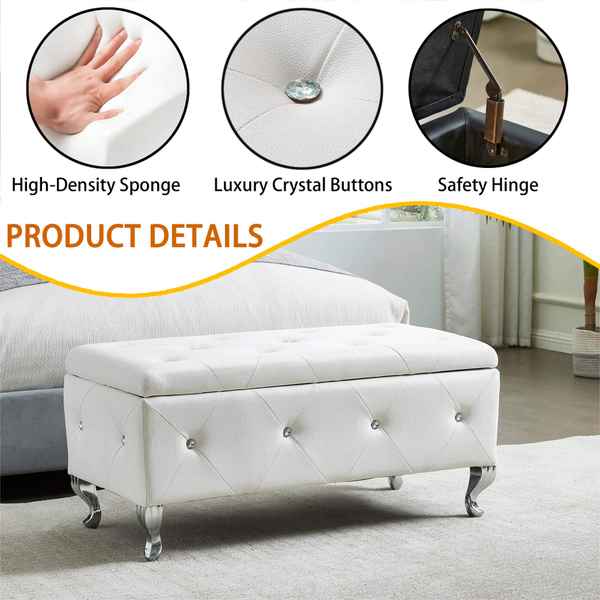 White upholstered bench with close-ups of high-density sponge, luxury crystal buttons, and safety hinge, set against a bedroom background.