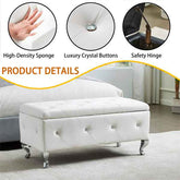 White upholstered bench with close-ups of high-density sponge, luxury crystal buttons, and safety hinge, set against a bedroom background.