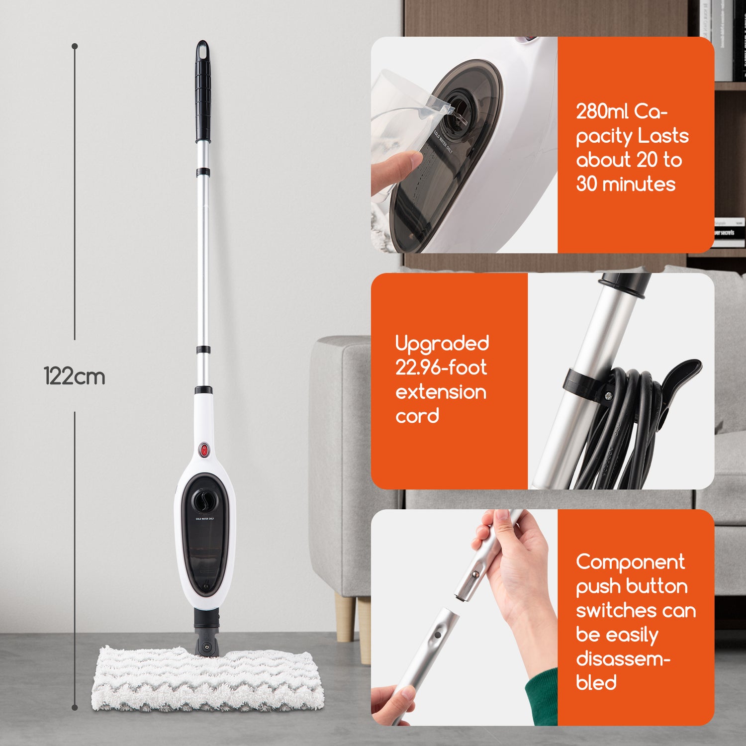 Steam mop shown in a home interior with feature callout panels: 122 cm height, 280 ml capacity lasting about 20 to 30 minutes, upgraded 22.96-foot extension cord, and push-button switches that can be easily disassembled.