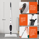 Steam mop shown in a home interior with feature callout panels: 122 cm height, 280 ml capacity lasting about 20 to 30 minutes, upgraded 22.96-foot extension cord, and push-button switches that can be easily disassembled.