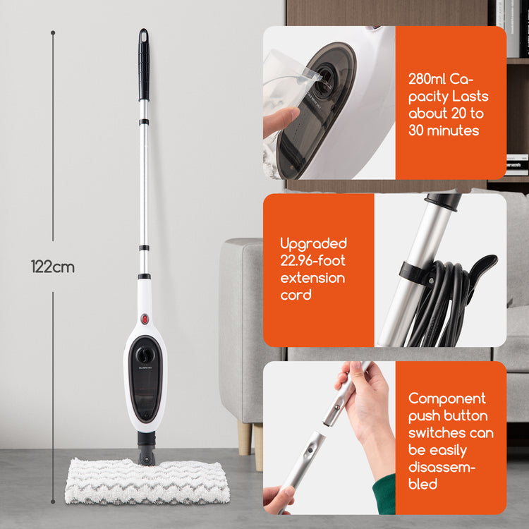 Steam mop shown in a home interior with feature callout panels: 122 cm height, 280 ml capacity lasting about 20 to 30 minutes, upgraded 22.96-foot extension cord, and push-button switches that can be easily disassembled.