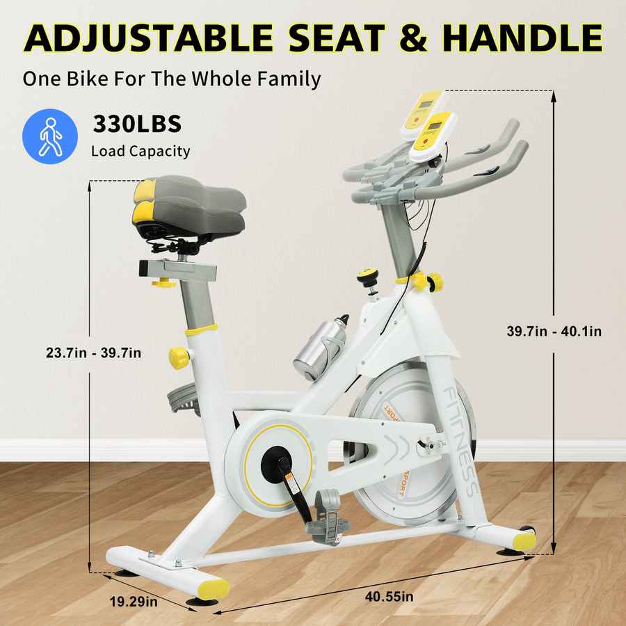 White adjustable indoor cycling bike with yellow and gray accents, shown with dimension lines and text indicating seat, handle, and wheel measurements, plus load capacity information on a beige wall and wood floor background.