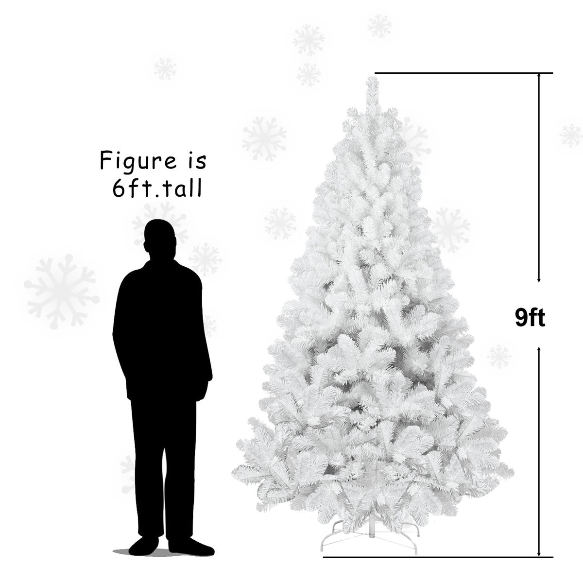 White artificial Christmas tree shown with height measurement lines and a black human silhouette for scale. Text reads &
