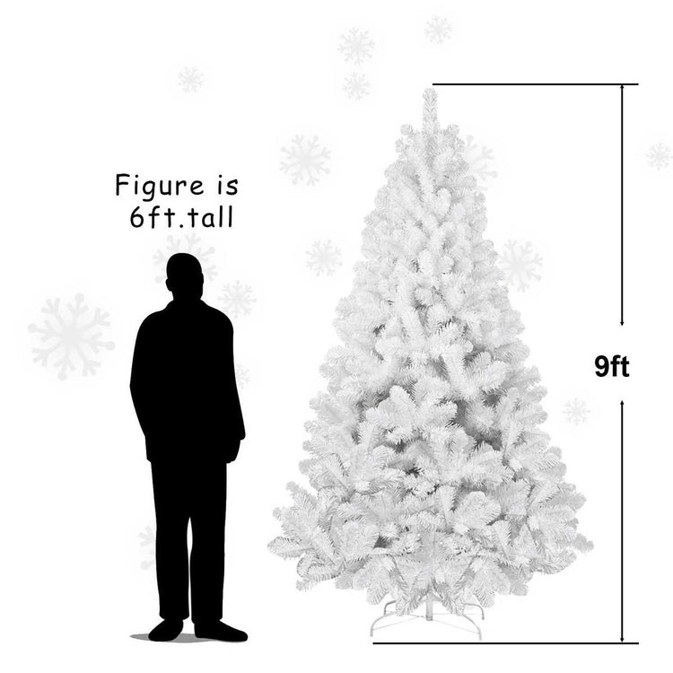 White artificial Christmas tree shown with height measurement lines and a black human silhouette for scale. Text reads &