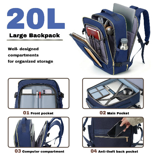 20L large backpack with compartments and organized storage features on a white background