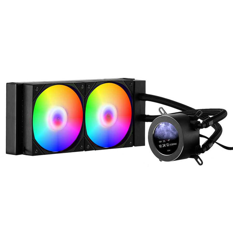 Computer cooling system with RGB lights on a white background