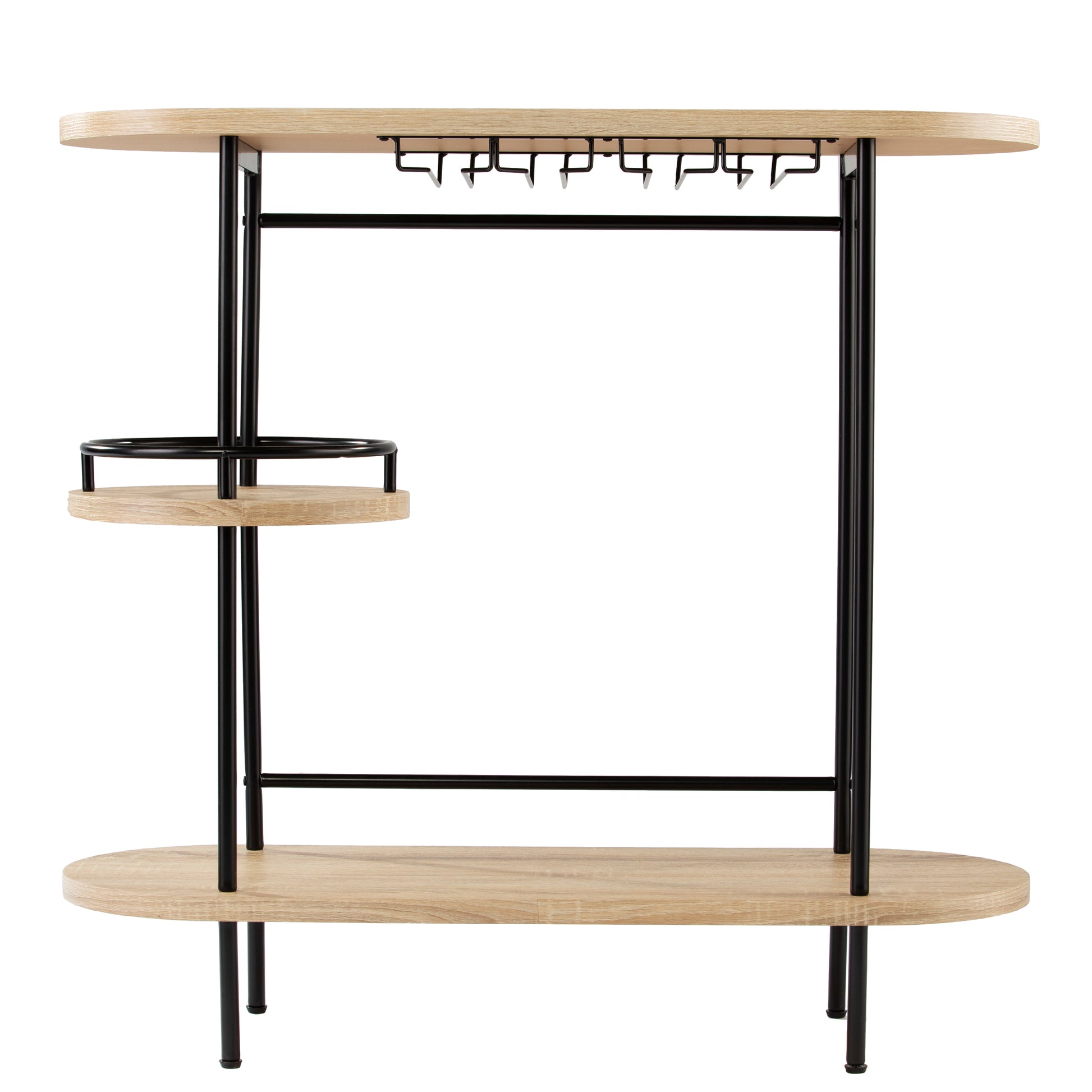 Front view of Dagney Wine Bar Table Storage featuring natural wood finish, black metal frame, and integrated glassware and bottle storage.