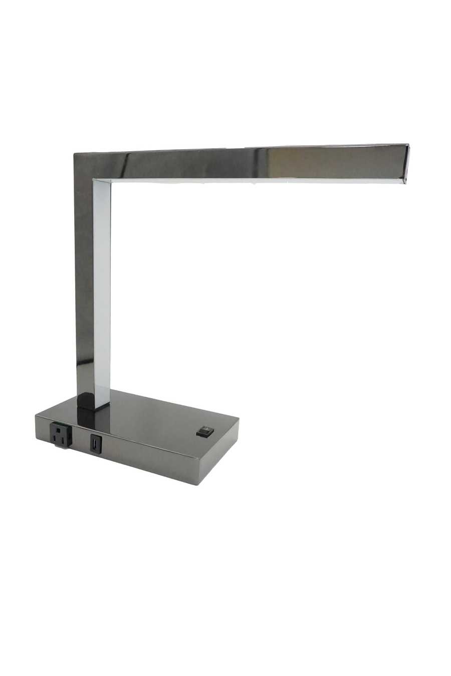 Sleek LED Desk Lamp with USB and Power Outlet - Modern Table Lamp in chrome finish, perfect for stylish workspaces or bedside tables.