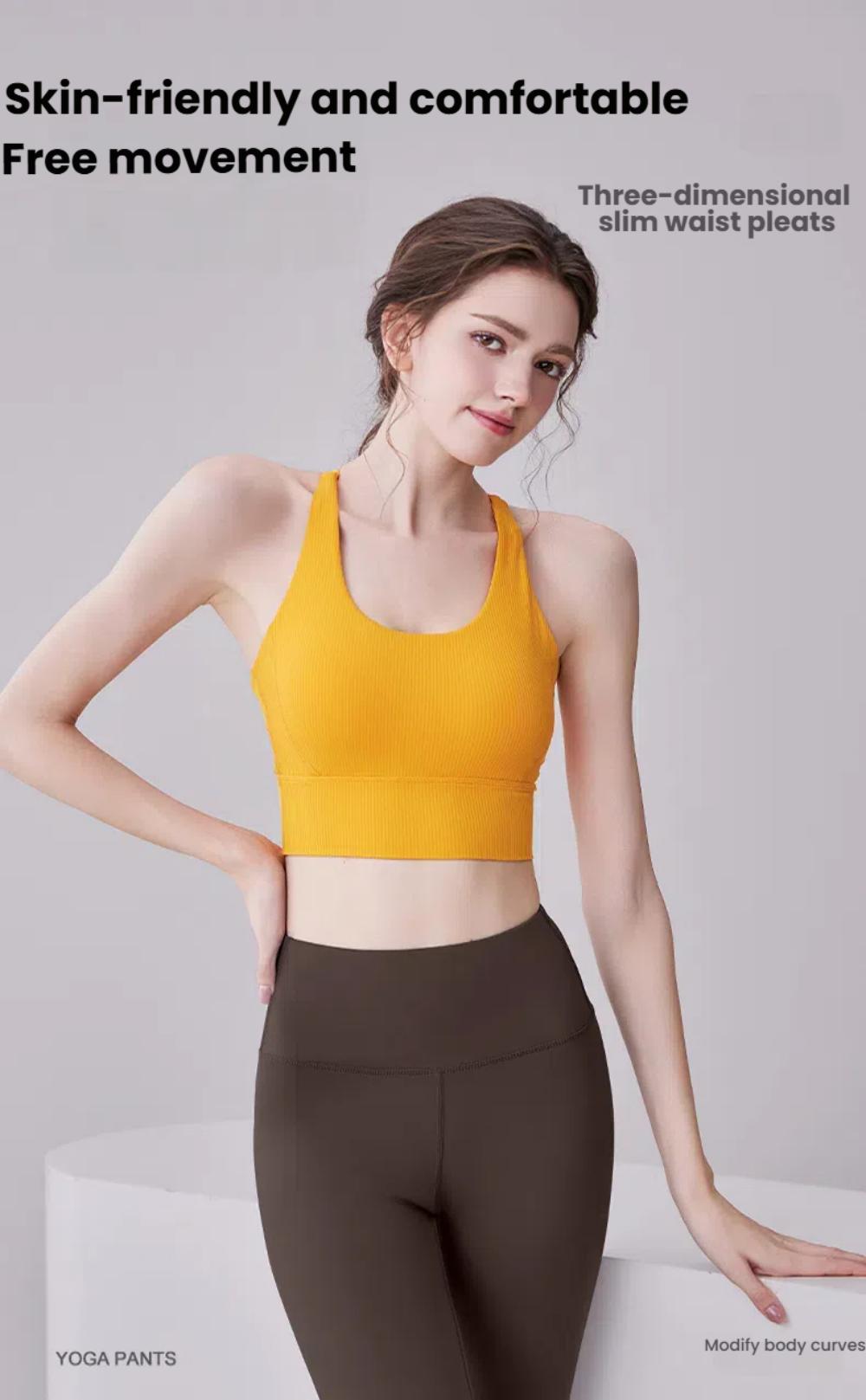 Skin-friendly Yoga Clothes Top - Slim Fit in yellow, featuring three-dimensional waist pleats for comfort and free movement in activewear.