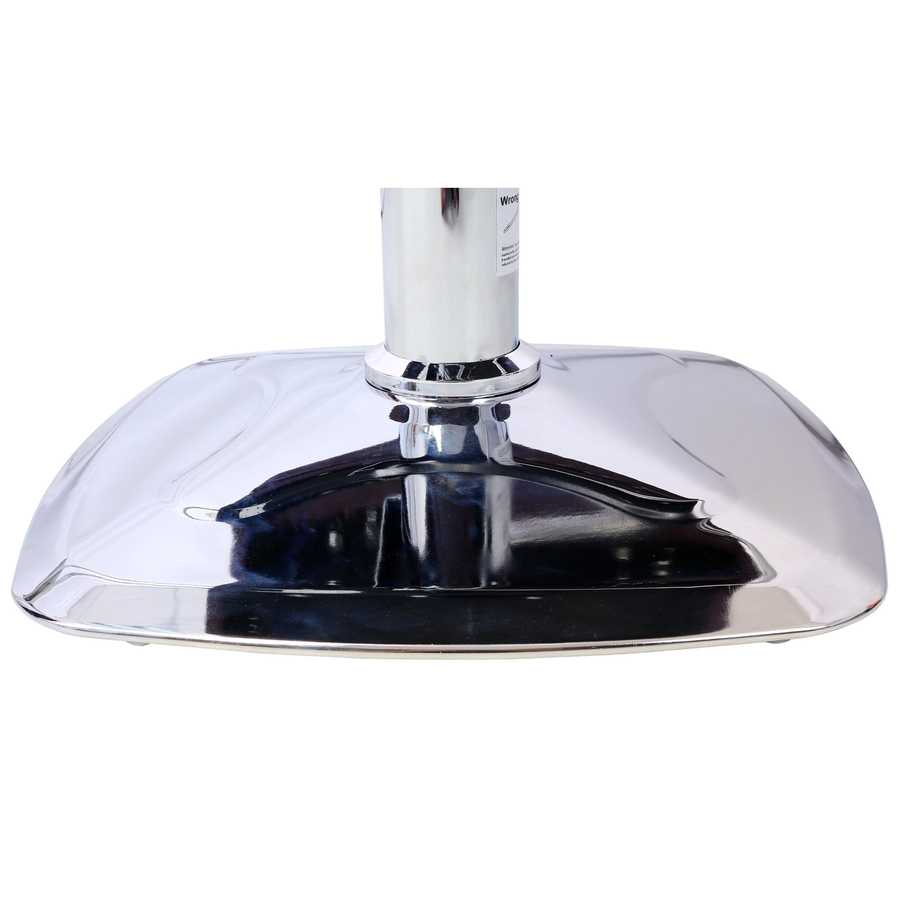 Chrome square base of salon chair with hydraulic lift, providing stability and smooth height adjustment for salon professionals.