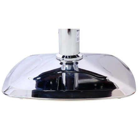 Chrome square base of salon chair with hydraulic lift, providing stability and smooth height adjustment for salon professionals.