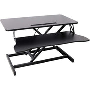 Black height adjustable laptop desk with spacious keyboard tray, perfect for home or office use to improve posture and productivity.