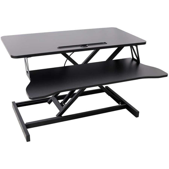 Black height adjustable laptop desk with spacious keyboard tray, perfect for home or office use to improve posture and productivity.