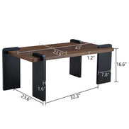 Dimensions of Walnut MDF Coffee Table with black legs shown in inches, highlighting its compact and functional size for modern living spaces.