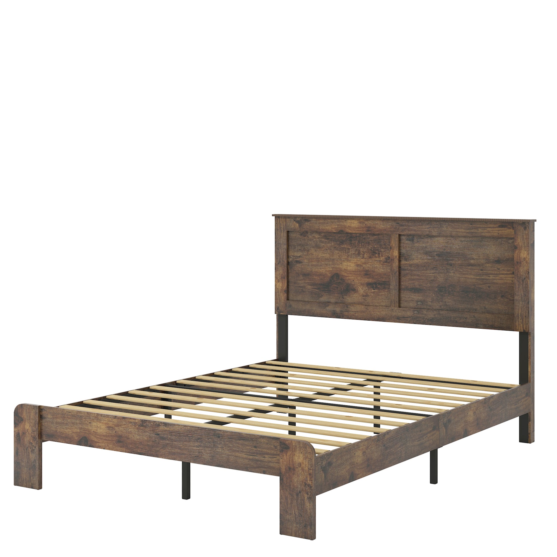 Isolated view of full size wood platform bed frame with slatted base and rustic headboard, ideal for modern bedroom setups.