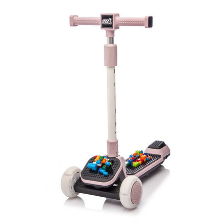 Pink kids' scooter with flashing wheels and LEGO-style building blocks