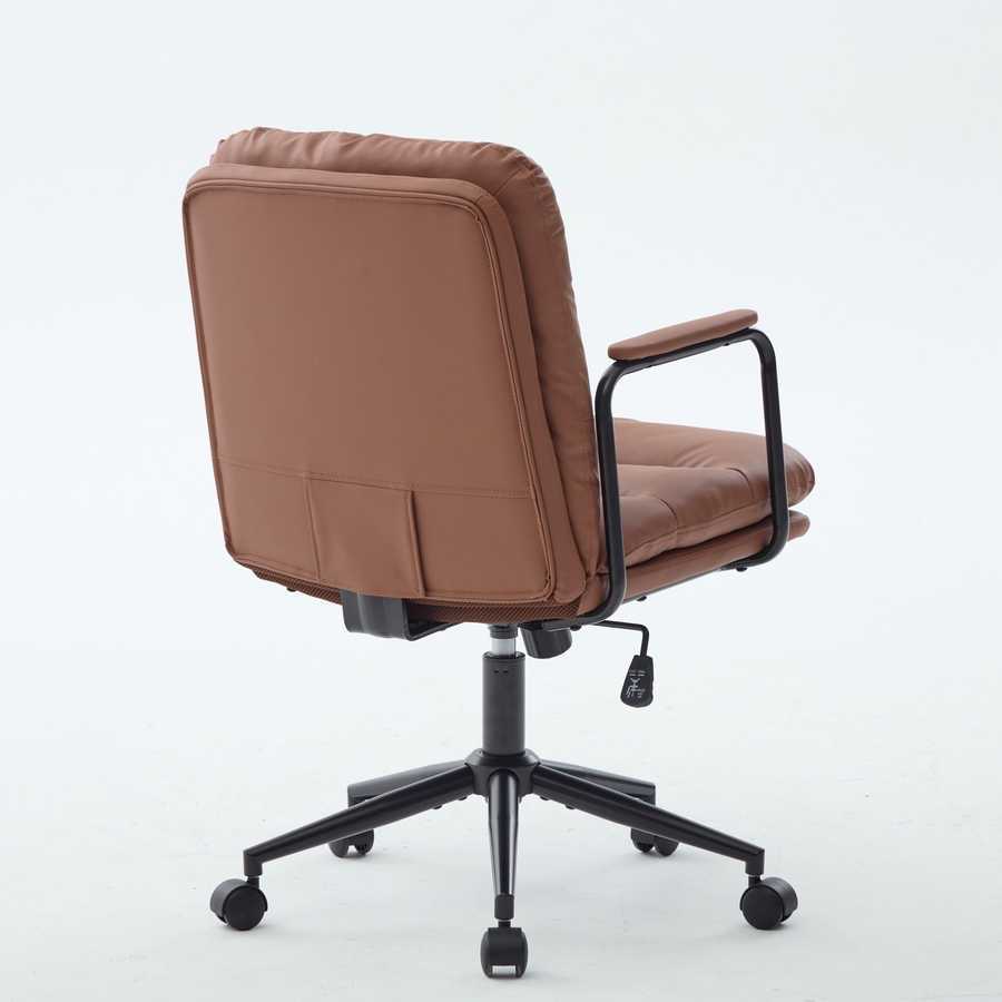 Rear angled view of brown ergonomic office chair with high backrest and black metal frame. Suitable for home and office environments.