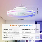 Ceiling fan with RGB LED lighting and product parameters displayed