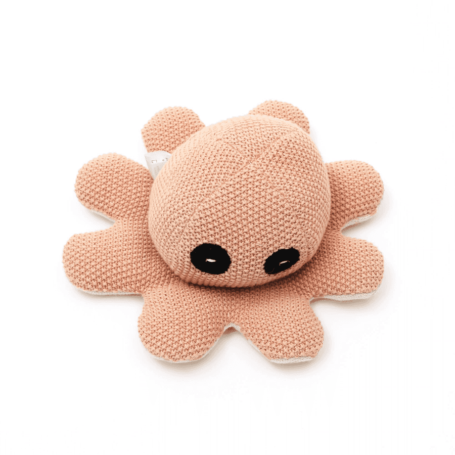 Blue knitted octopus plush toy with black eyes, soft baby toy for infants