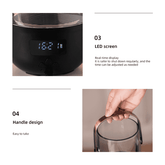Product feature callout showing a black cylindrical humidifier or lamp with a blue LED digital display and a transparent glass body, with text describing an LED screen and handle design, plus a hand holding the handle in the lower right.