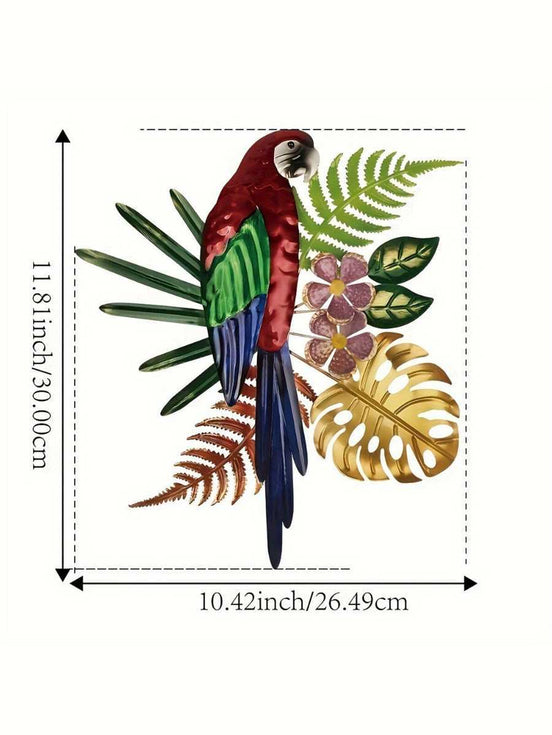 Colorful Parrot Wall Art with floral leaves and tropical design, measuring 11.8x10.42 inches, ideal for bohemian home decor accents.