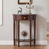 A dark brown wooden console table with a single drawer, turned legs, and a lower shelf featuring a sunburst metal ornament. The table is styled with a bronze deer figurine and a brass candelabra against a neutral wall.