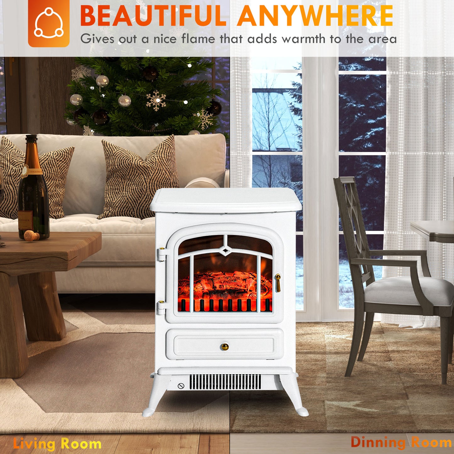 22" Electric Fireplace Heater, Freestanding Fire Place Stove with Realistic LED Flames and Logs, and Overheating Protection, 750W/1500W, White MLNshops]