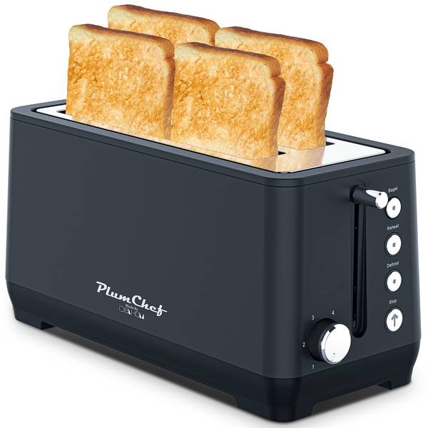 4-Slice Toaster with Warming Rack - 6 Browning Settings | Easy Cleanup, featuring four slices of golden toast in wide slots, ideal for bagels.