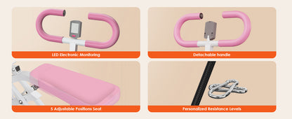 Product features of Squat Rowing Machine including LED monitor, detachable handle, adjustable seat, and resistance levels.