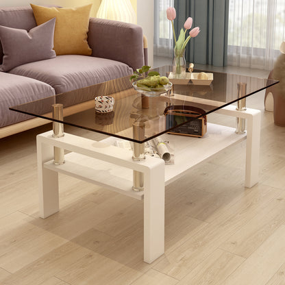 Modern Rectangular Coffee Table with Tempered Brown Glass Top and MDF Layer – Table for Living Room