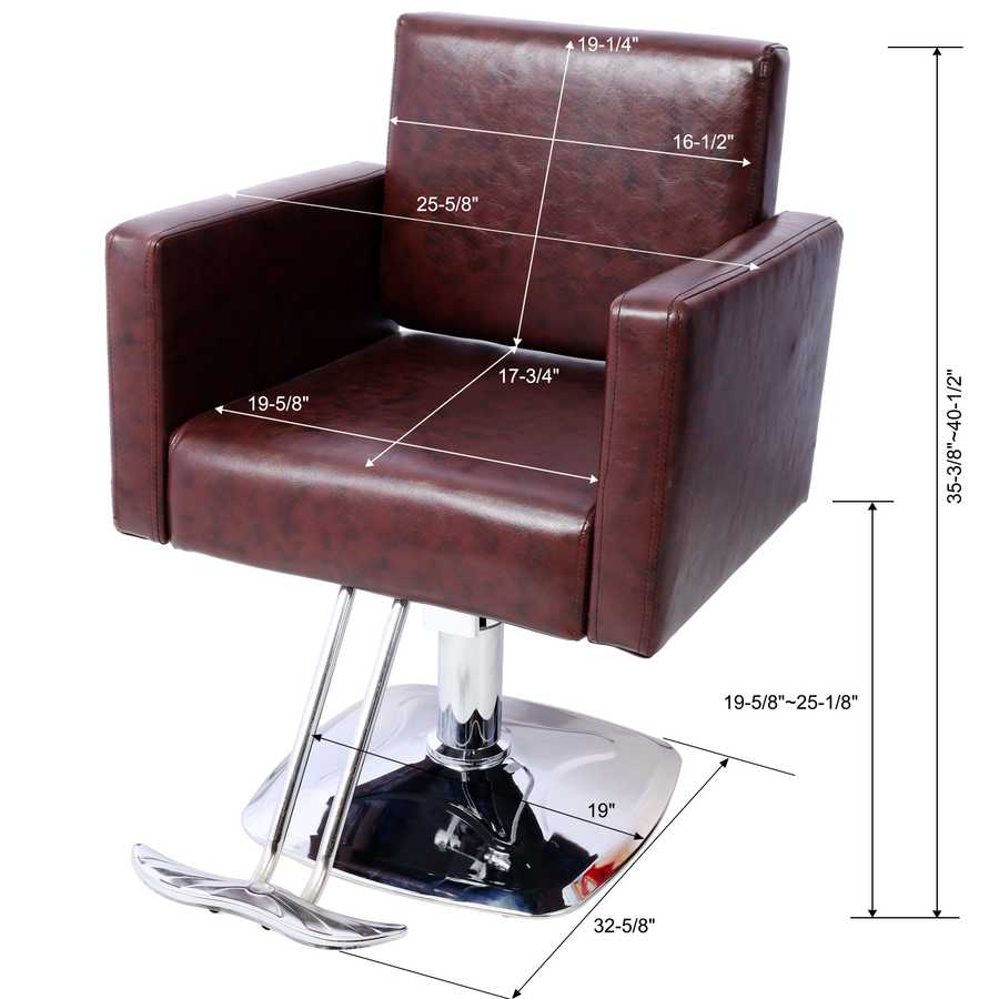 Salon chair dimensions labeled on image, highlighting seat width, height range, and base size for accurate salon setup.