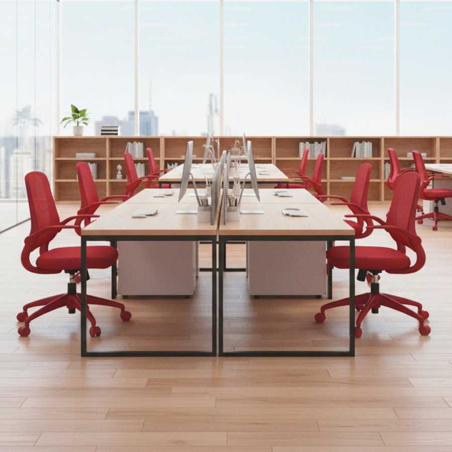 Modern office setup with red chairs and wooden tables in a bright room.