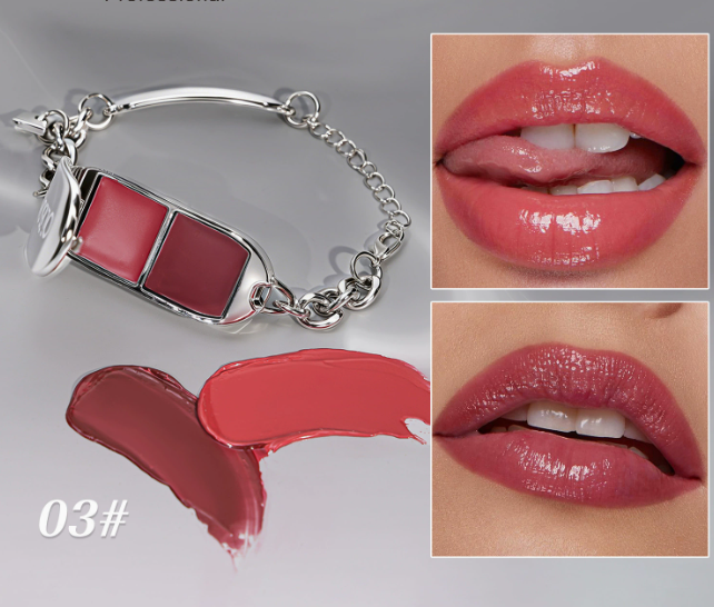 A silver-tone chain bracelet with a lipstick-shaped charm showing two shades of pink-red lipstick. Two inset photos show glossy lips wearing the shade, and a lipstick smear below indicates color 03