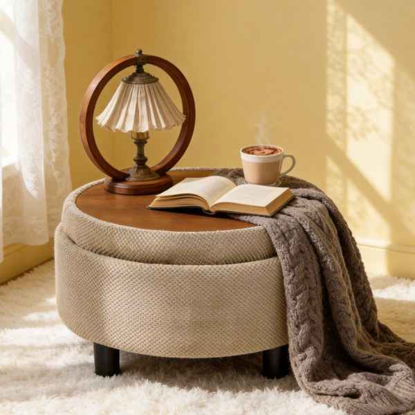 Round ottoman with a lamp, book, and mug on top in a cozy room.