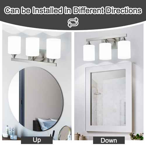 A bathroom vanity light fixture shown in two installation directions: mounted above a round mirror labeled &