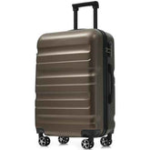 Side view of brown 24-inch hardshell suitcase with horizontal ridges, four spinner wheels, and telescoping handle for travel