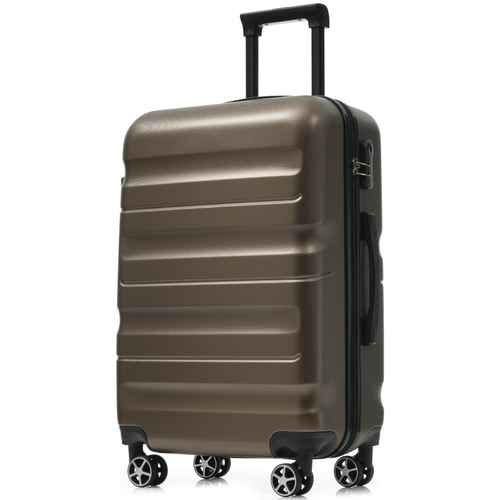 Side view of brown 24-inch hardshell suitcase with horizontal ridges, four spinner wheels, and telescoping handle for travel