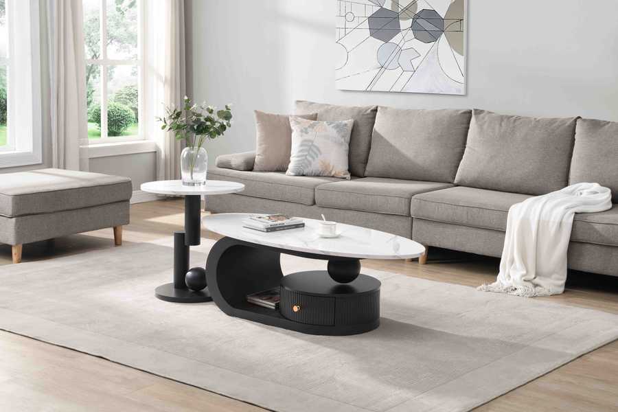 Nesting Coffee Table Set - Modern End Tables for Living Room with marble-style tops and black iron bases, ideal for stylish home decor.