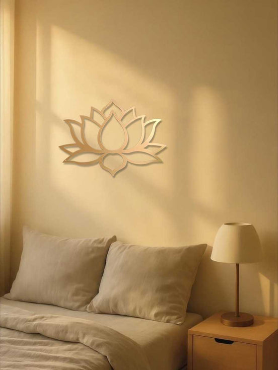 Lotus Metal Wall Art decor above bed in cozy bedroom