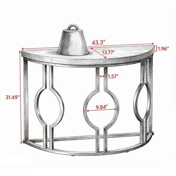A hand-drawn technical sketch of a curved side table with red dimension lines and measurements labeled in inches, including 43.3 inches width, 31.