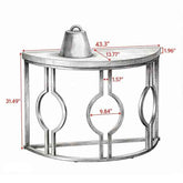 A hand-drawn technical sketch of a curved side table with red dimension lines and measurements labeled in inches, including 43.3 inches width, 31.