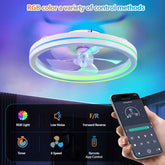 Ceiling fan with RGB lighting and smartphone control on a blurred background