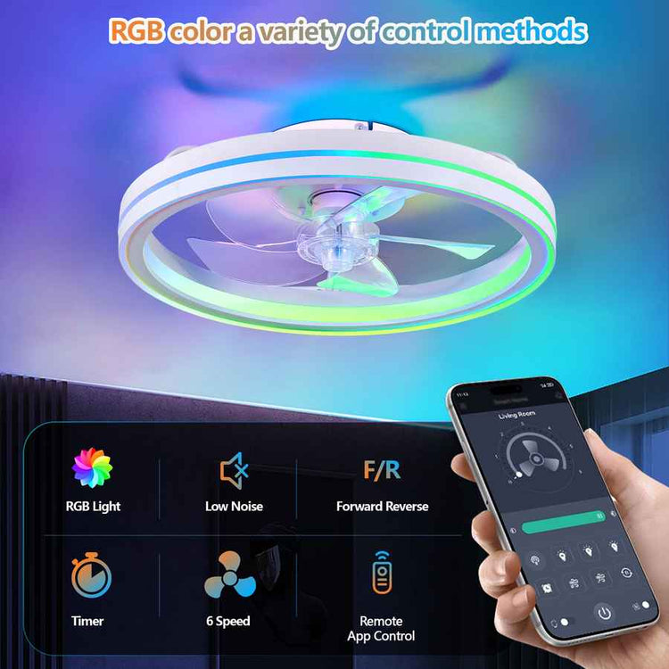 Ceiling fan with RGB lighting and smartphone control on a blurred background